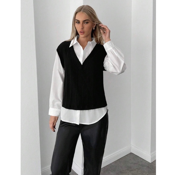 2 in 1 Black Knit Vest On White Button Up Shirt - Picture 10 of 12